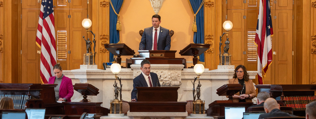 Ohio Senate chamber during legislative session with members present and cameras recording proceedings